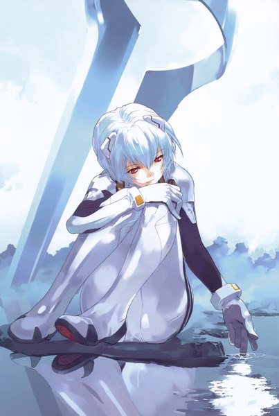 Anime picture 2819x4196 with neon genesis evangelion end of evangelion gainax ayanami rei single tall image highres short hair red eyes sitting blue hair reflection girl water bodysuit pilot suit lance of longinus (evangelion)