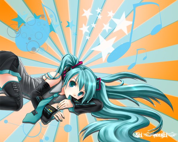 Anime picture 1280x1024 with vocaloid hatsune miku single long hair looking at viewer twintails bent knee (knees) lying long sleeves nail polish aqua eyes fingernails aqua hair zettai ryouiki sleeves past wrists on side arched back girl skirt hair ornament