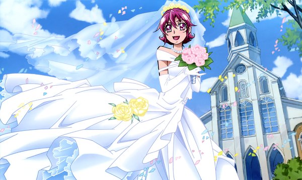 Anime picture 3544x2121 with precure dokidoki! precure toei animation aida mana ueno ken highres short hair open mouth wide image purple eyes absurdres sky purple hair cloud (clouds) official art girl dress gloves flower (flowers) petals