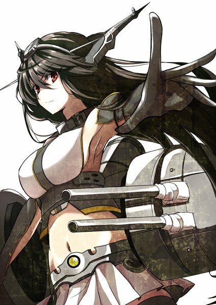 Anime picture 724x1024 with kantai collection nagato battleship kuroneko nero single long hair tall image looking at viewer black hair simple background hair between eyes red eyes white background bare shoulders pleated skirt girl skirt gloves navel weapon black gloves