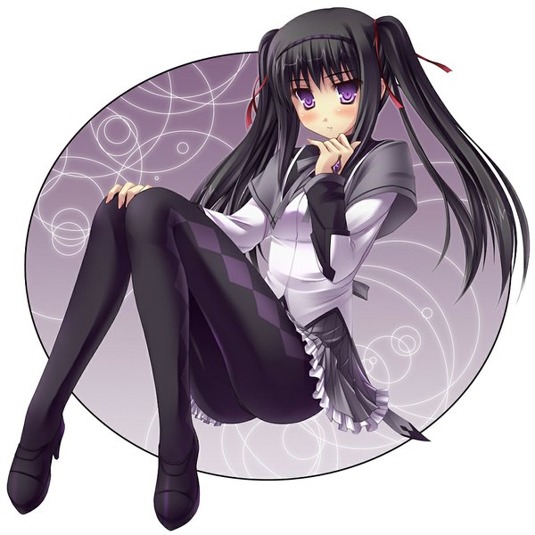 Anime picture 1024x1024 with mahou shoujo madoka magica shaft (studio) akemi homura sakai sakae long hair blush black hair twintails purple eyes girl pantyhose