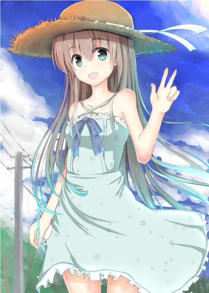 Anime picture 1036x1450 with original shirotaso0818 single long hair tall image open mouth blue eyes brown hair bare shoulders sky cloud (clouds) victory girl hat sundress