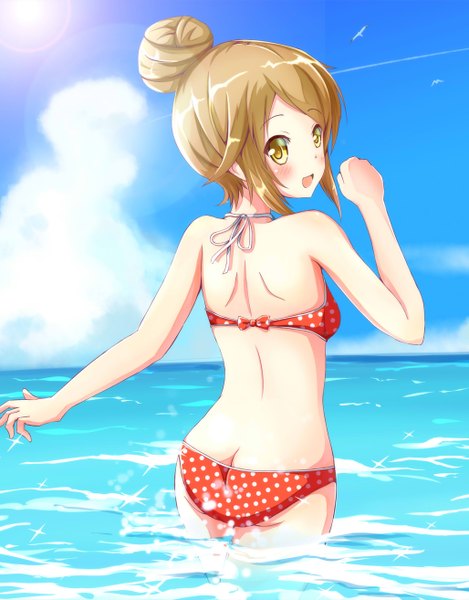 Anime picture 1028x1314 with original ok-ray single tall image blush short hair open mouth light erotic blonde hair yellow eyes sky cloud (clouds) looking back sunlight polka dot sunbeam girl swimsuit animal bikini