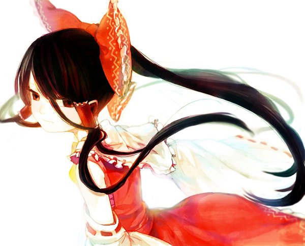 Anime picture 1653x1333 with touhou hakurei reimu okari single long hair fringe brown hair brown eyes traditional clothes girl hair ornament bow hair bow detached sleeves