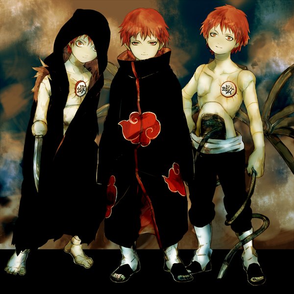 Anime picture 1181x1181 with naruto studio pierrot naruto (series) sasori looking at viewer short hair smile red eyes red hair multiple boys akatsuki multiple persona mechanical parts boy weapon hood cloak 3 boys