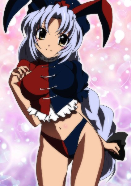 Anime picture 849x1200 with touhou yagokoro eirin yadokari genpachirou single long hair tall image looking at viewer light erotic smile brown eyes animal ears silver hair braid (braids) bunny ears bunny girl girl navel underwear panties