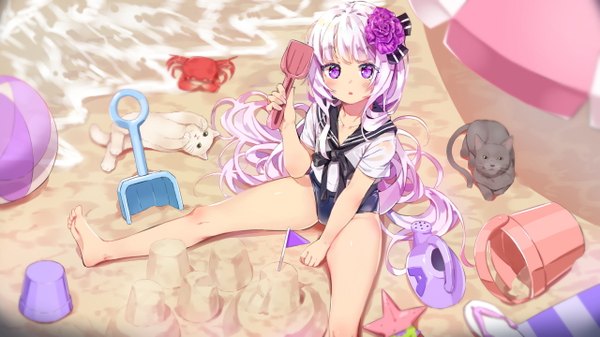 Anime picture 1280x720 with original agnamore single long hair looking at viewer blush fringe open mouth wide image sitting purple eyes holding purple hair outdoors blunt bangs head tilt arm up hair flower from above :o