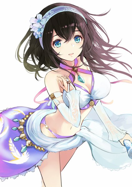 Anime picture 1200x1697 with idolmaster idolmaster cinderella girls sagisawa fumika minato (shouno) single long hair tall image looking at viewer fringe breasts open mouth light erotic black hair simple background smile hair between eyes large breasts white background bare shoulders holding