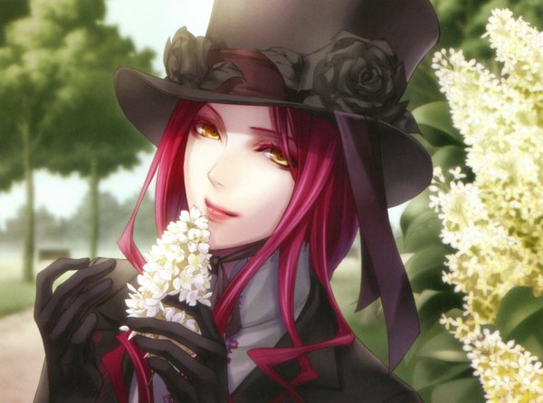 Anime picture 3346x2484 with will o' wisp (game) gyl usuba kagerou single long hair highres yellow eyes absurdres red hair light smile scan boy gloves flower (flowers) plant (plants) hat tree (trees) headdress rose (roses) top hat