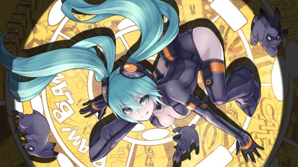 Anime picture 1242x700 with vocaloid hatsune miku 2d (artist) single long hair blush wide image twintails cleavage aqua eyes light smile from above aqua hair shadow girl gloves animal choker elbow gloves tongue
