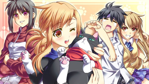 Anime picture 1920x1080 with nyan koi mizuno kaede sumiyoshi kanako nyamsas kousaka junpei ichinose nagi highres black hair blonde hair red eyes brown hair wide image brown eyes skirt serafuku cat ibuki mana