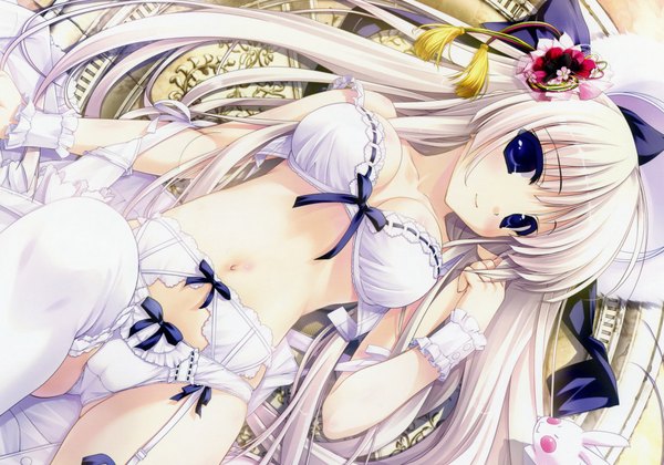 Anime picture 1980x1388 with original shintarou single looking at viewer fringe highres blue eyes light erotic smile cleavage white hair lying underwear only girl thighhighs navel hair ornament underwear bow white thighhighs