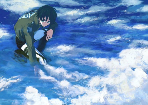 Anime picture 1280x912 with shingeki no kyojin production i.g eren yaeger meola single looking at viewer short hair blue eyes brown hair sky cloud (clouds) kneeling boy uniform water jacket boots pants knee boots