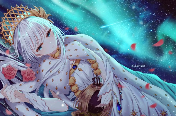 Anime picture 3021x2000 with fate (series) fate/grand order anastasia (fate) viy (fate) junpaku karen single long hair looking at viewer blush fringe highres blue eyes hair between eyes silver hair lying light smile night night sky tears on side