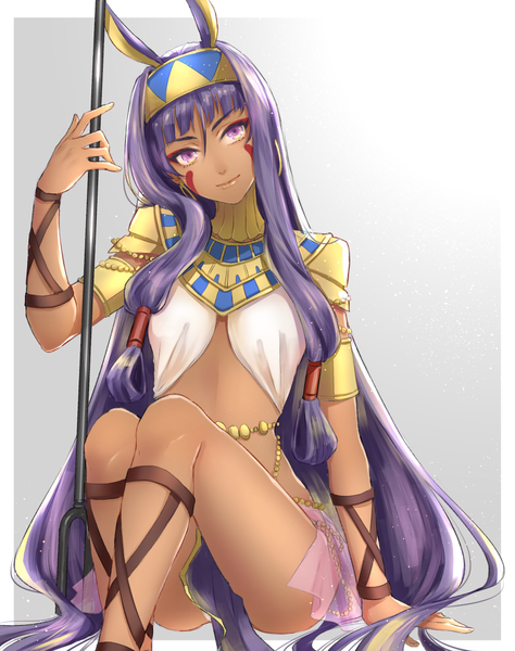 Anime picture 850x1074 with fate (series) fate/grand order nitocris (fate) orii leo (artist) single tall image fringe light erotic sitting purple eyes holding animal ears purple hair bent knee (knees) very long hair traditional clothes head tilt light smile grey background arm support