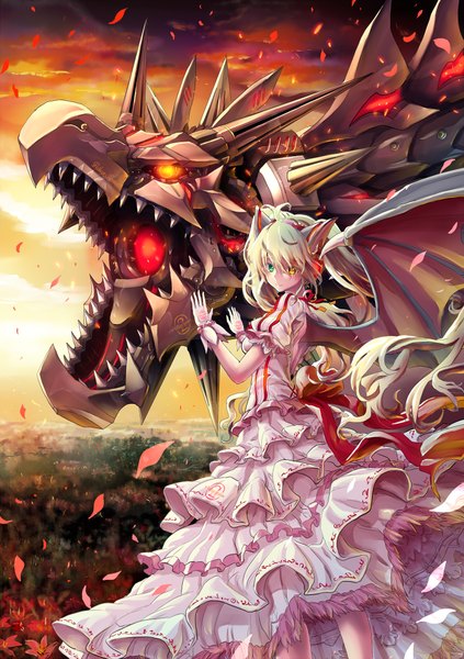 Anime picture 705x1000 with original kabutoyama long hair tall image twintails cloud (clouds) white hair heterochromia girl dress hair ornament flower (flowers) petals wings dragon robot