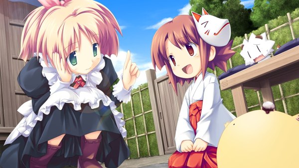 Anime picture 1600x900 with volume7 rococoworks tsujiura ryoko asase mari fue (tsuzuku) short hair open mouth blonde hair brown hair wide image multiple girls green eyes sky outdoors traditional clothes :d japanese clothes maid squat miko