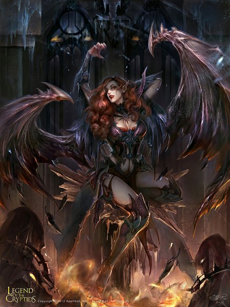 Anime picture 863x1150 with legend of the cryptids zinnadu single long hair tall image looking at viewer red eyes brown hair signed pointy ears inscription teeth fang (fangs) wavy hair arm behind head vampire girl wings thigh boots feather (feathers)