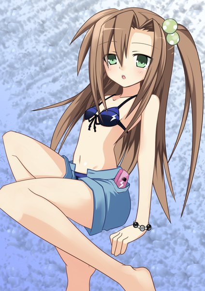 Anime picture 2894x4093 with choujigen game neptune if (choujigen game neptune) meimu (pixiv) long hair tall image highres brown hair green eyes legs one side up girl shorts bracelet bikini top phone