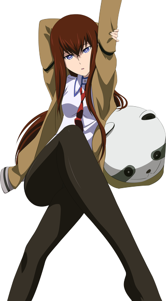 Anime picture 5511x9942 with steins;gate white fox makise kurisu ergh3 single long hair tall image highres open mouth brown hair purple eyes absurdres transparent background arms behind head vector girl pantyhose necktie