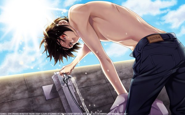 Anime picture 1920x1200 with shinrei tantei yakumo saitou yakumo alenas suzuka oda single looking at viewer highres short hair open mouth red eyes brown hair signed sky cloud (clouds) black eyes wet wallpaper heterochromia glowing glowing eye (eyes)