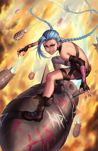 Anime picture 700x1073 with league of legends jinx (league of legends) aka-shiro single tall image looking at viewer fringe smile standing purple eyes blue hair sky bent knee (knees) braid (braids) very long hair nail polish lipstick twin braids bare back eyeshadow