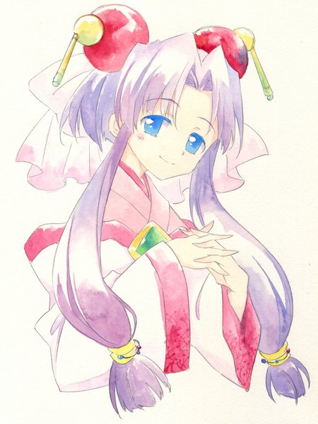 Anime picture 740x986 with saber marionette j cherry (saber j) agahari single long hair tall image looking at viewer blue eyes simple background smile white background purple hair interlocked fingers traditional media asymmetrical hair watercolor (medium) girl hair ornament