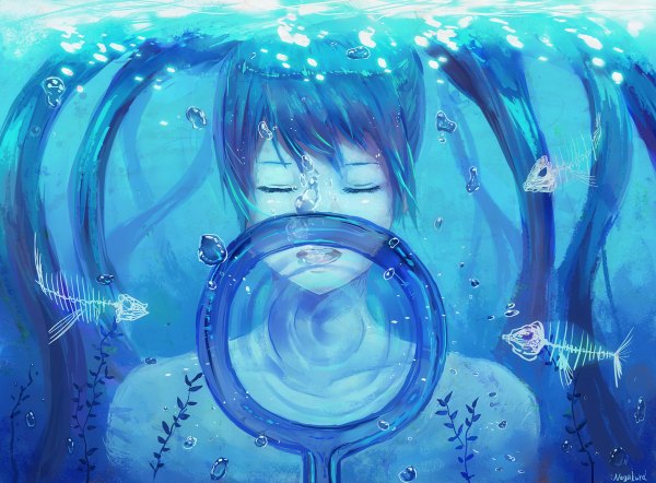Anime picture 1200x884 with vocaloid hatsune miku single fringe twintails bare shoulders eyes closed aqua hair underwater girl plant (plants) water bubble (bubbles) fish (fishes) microphone stand