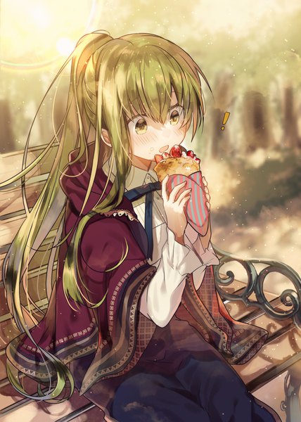 Anime picture 650x910 with shiro seijo to kuro bokushi original cecilia (shiro seijo to kuro bokushi) teigi single long hair tall image blush fringe open mouth hair between eyes sitting holding green eyes payot looking away ponytail green hair sunlight blurry
