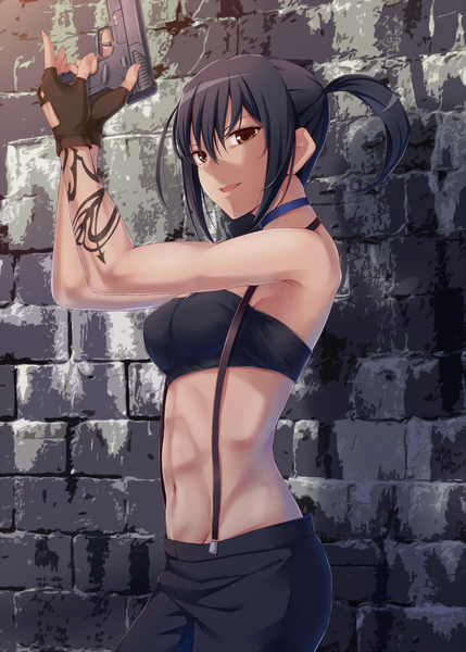 Anime picture 1000x1399 with canaan type-moon alphard dabadhi single tall image short hair open mouth black hair brown eyes midriff tattoo girl gloves navel weapon fingerless gloves gun