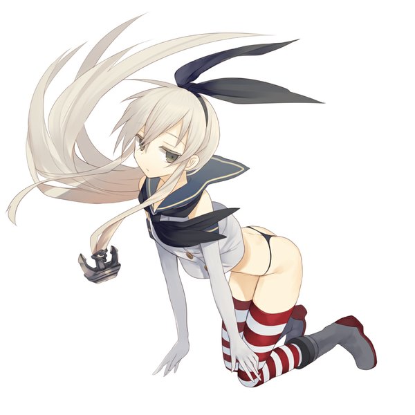 Anime picture 1000x1000 with kantai collection shimakaze destroyer harano long hair light erotic simple background white background brown eyes white hair girl thighhighs gloves underwear panties bow hair bow elbow gloves boots striped thighhighs anchor