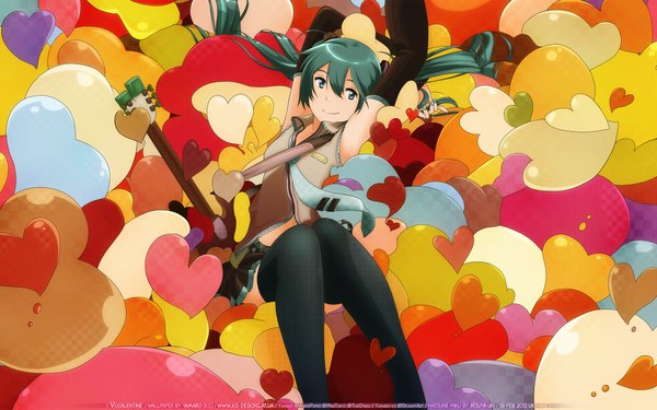 Anime picture 1920x1200 with vocaloid hatsune miku uki atsuya yamaro single long hair highres blue eyes smile wide image twintails nail polish green hair armpit (armpits) girl thighhighs skirt black thighhighs detached sleeves miniskirt