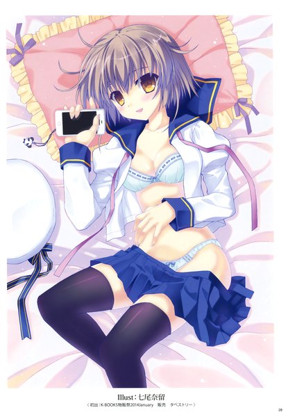 Anime picture 2421x3500 with original k-books (artbook) nanao naru single tall image looking at viewer highres short hair light erotic yellow eyes grey hair scan official art girl thighhighs skirt uniform underwear panties black thighhighs