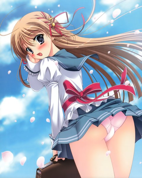 Anime picture 3263x4075 with prismrhythm (game) elsterrier marigold tanihara natsuki single long hair tall image blush highres open mouth light erotic brown hair absurdres ass looking back black eyes scan wind lift girl uniform underwear