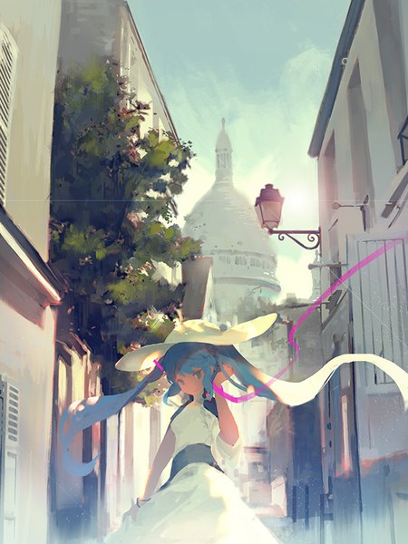 Anime picture 600x800 with vocaloid hatsune miku vienri single long hair tall image looking at viewer twintails sky outdoors aqua eyes wind aqua hair city architecture girl dress ribbon (ribbons) plant (plants) hat