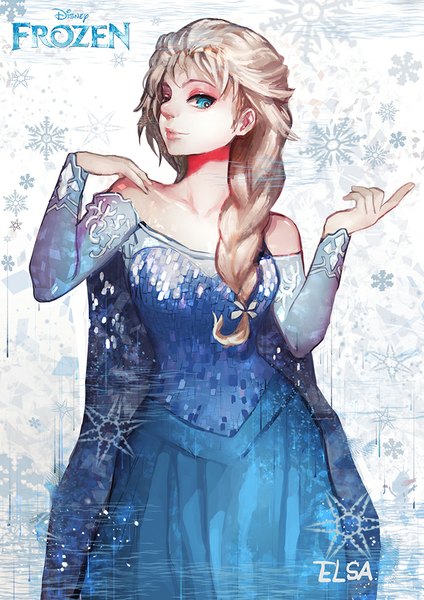 Anime picture 707x1000 with frozen (disney) disney elsa (frozen) canking single long hair tall image looking at viewer blue eyes bare shoulders lips grey hair girl dress