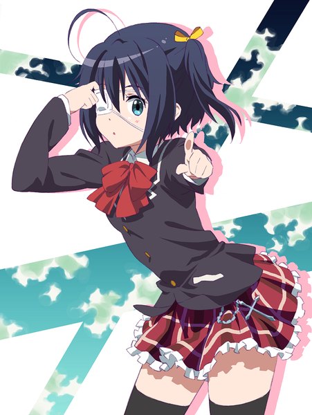 Anime picture 752x1000 with chuunibyou demo koi ga shitai! kyoto animation takanashi rikka ginmaru single tall image looking at viewer fringe short hair black hair hair between eyes ahoge aqua eyes zettai ryouiki one side up outstretched arm pointing pointing at viewer girl thighhighs