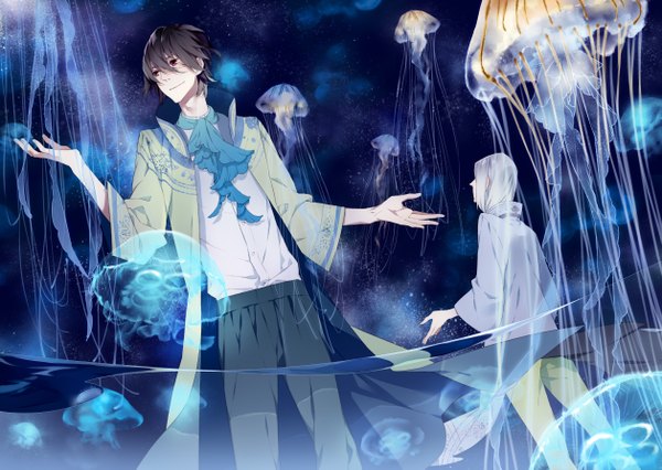 Anime picture 5031x3579 with original psd (pixiv) highres short hair black hair smile red eyes absurdres white hair multiple boys space boy shirt scarf 2 boys pants jellyfish