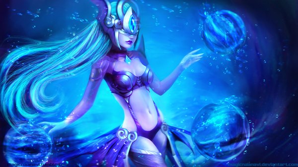 Anime picture 1920x1080 with league of legends syndra magicnaanavi single long hair highres breasts light erotic wide image signed aqua hair lipstick magic underwater covering eye (eyes) girl navel water mask bubble (bubbles)
