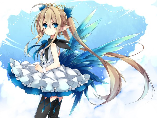 Anime picture 1600x1200 with original leeannpippisum single long hair looking at viewer blue eyes blonde hair smile ponytail pointy ears girl thighhighs dress black thighhighs wings