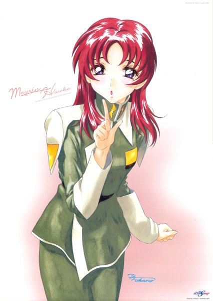 Anime picture 2500x3518 with mobile suit gundam gundam seed destiny sunrise (studio) meyrin hawke fukano youichi single long hair tall image blush highres open mouth simple background white background purple eyes signed absurdres red hair character names girl uniform