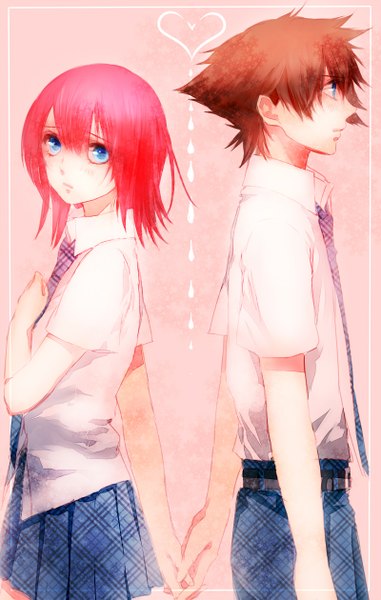 Anime picture 800x1259 with kingdom hearts kingdom hearts ii square enix kairi (kingdom hearts) sora (kingdom hearts) g.g.lemon long hair tall image short hair blue eyes simple background brown hair standing pink hair profile pleated skirt looking back couple holding hands back to back