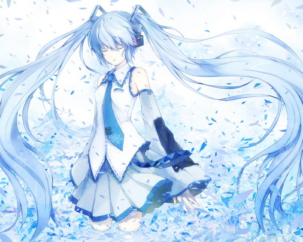 Anime picture 800x640 with vocaloid hatsune miku yuki miku yuki miku (2010) 6u (eternal land) single long hair standing twintails blue hair eyes closed pleated skirt multicolored hair wide sleeves gradient hair girl skirt detached sleeves petals necktie