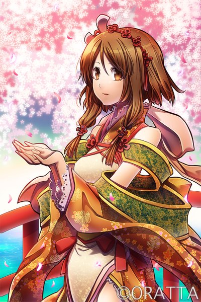 Anime picture 960x1440 with momohime ryouran! sengoku asuka suou sakura single tall image looking at viewer short hair smile brown hair bare shoulders brown eyes inscription cherry blossoms river girl dress flower (flowers) plant (plants) petals tree (trees) bridge
