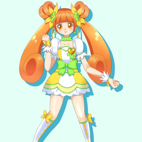 Anime picture 1500x1500 with precure smile precure! dokidoki! precure toei animation yotsuba alice cure rosetta single long hair looking at viewer simple background smile standing twintails bare shoulders orange hair orange eyes girl dress skirt gloves