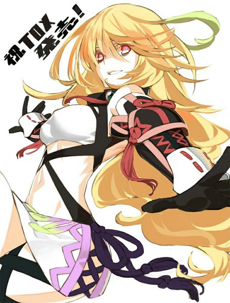 Anime picture 760x1000 with tales of (series) tales of xillia milla maxwell 92m single long hair tall image looking at viewer breasts open mouth simple background blonde hair red eyes white background bare shoulders multicolored hair two-tone hair bare belly girl thighhighs