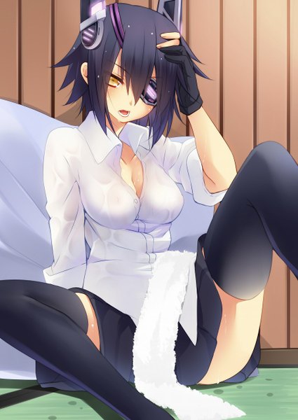 Anime picture 906x1280 with kantai collection tenryuu light cruiser nigo (aozoragarou) single tall image looking at viewer blush short hair open mouth light erotic black hair sitting yellow eyes cleavage wet wet clothes hand on head partially open clothes girl thighhighs