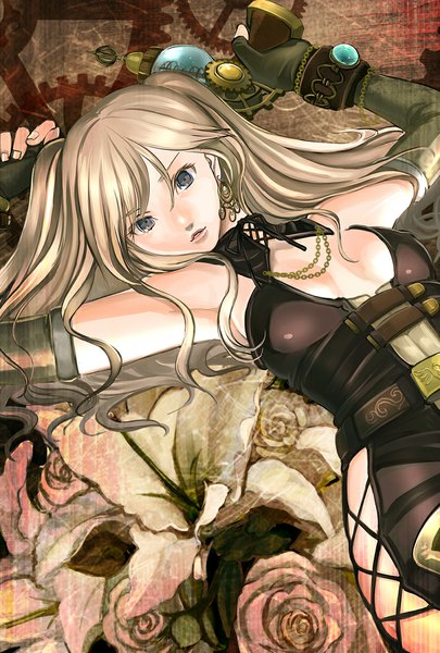 Anime picture 800x1184 with original ri-ko (artist) single long hair tall image looking at viewer breasts blonde hair twintails bare shoulders lying mole armpit (armpits) grey eyes floral print girl gloves flower (flowers) weapon earrings