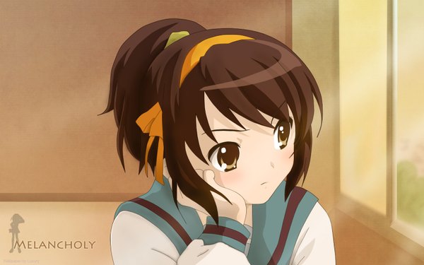 Anime picture 1440x900 with suzumiya haruhi no yuutsu kyoto animation suzumiya haruhi blush wide image ponytail girl