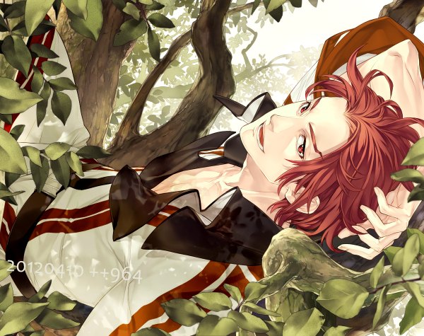Anime picture 1200x950 with gensou suikoden gensou suikoden ii seed kaburaya single looking at viewer short hair open mouth smile red eyes red hair lying inscription boy plant (plants) tree (trees) belt leaf (leaves) branch
